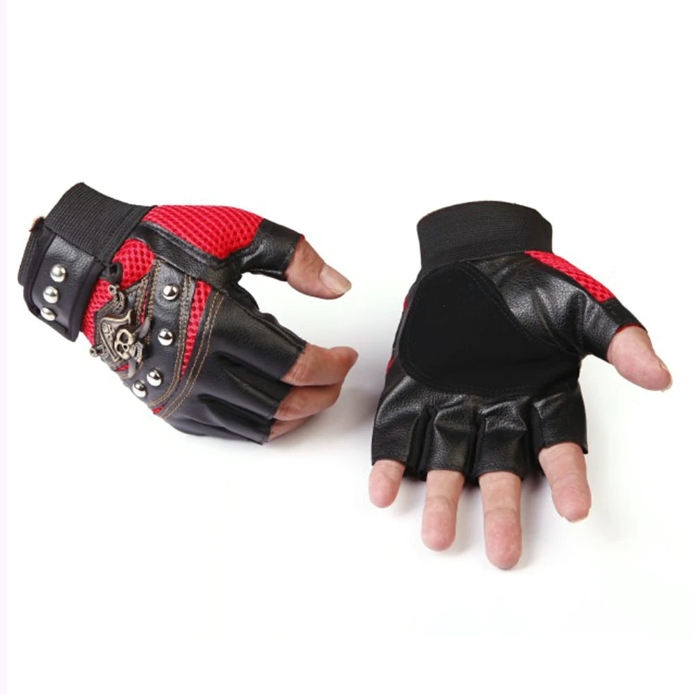 Перчатки без пальцев из искусственной кожи с заклепками в виде черепа, противоскользящие Мужские Женские перчатки в стиле хип-хоп Панк Изображение 2