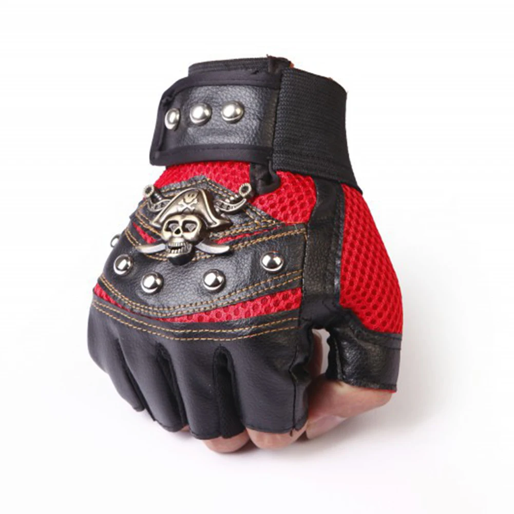 Перчатки без пальцев из искусственной кожи с заклепками в виде черепа, противоскользящие Мужские Женские перчатки в стиле хип-хоп Панк Изображение 3