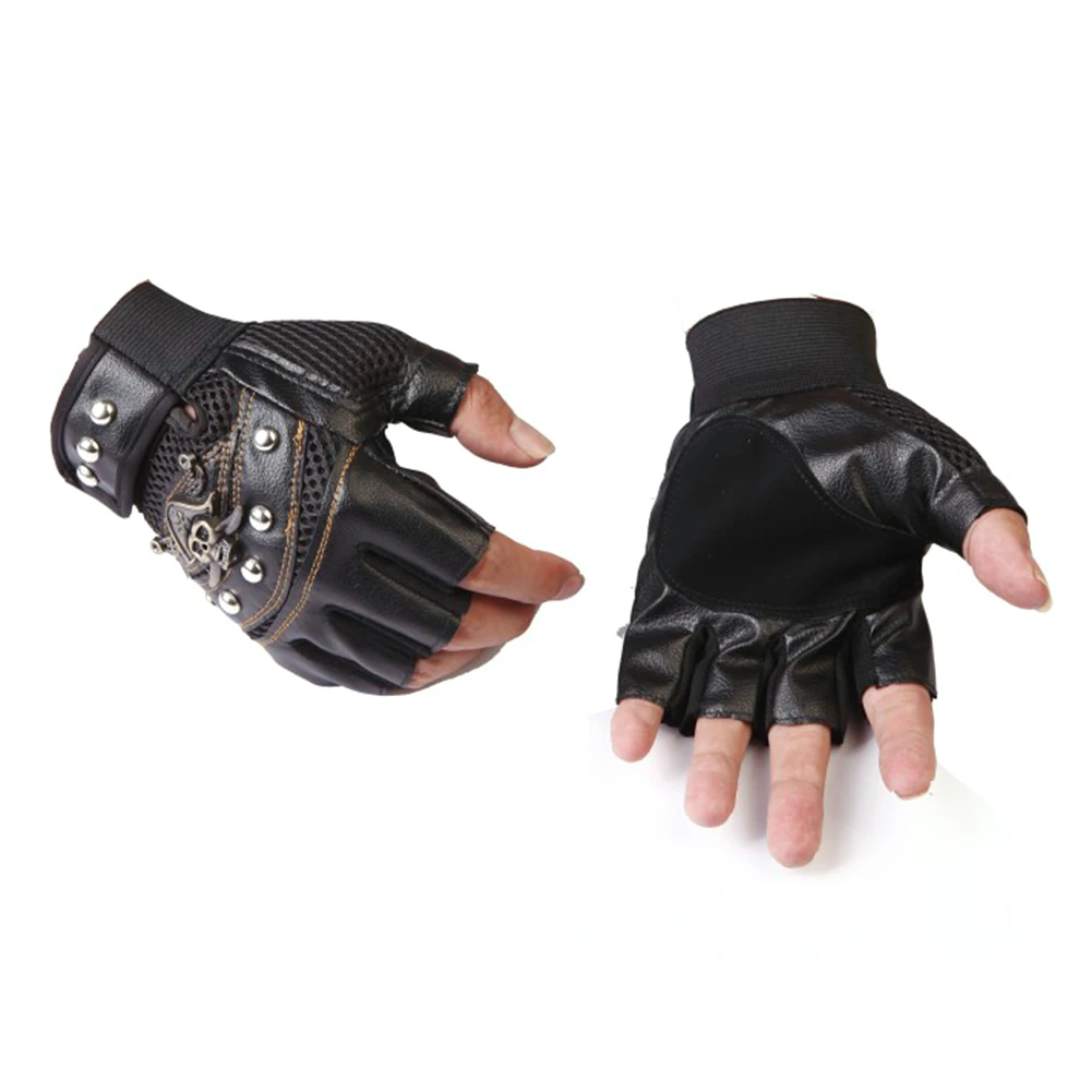 Перчатки без пальцев из искусственной кожи с заклепками в виде черепа, противоскользящие Мужские Женские перчатки в стиле хип-хоп Панк Изображение 4