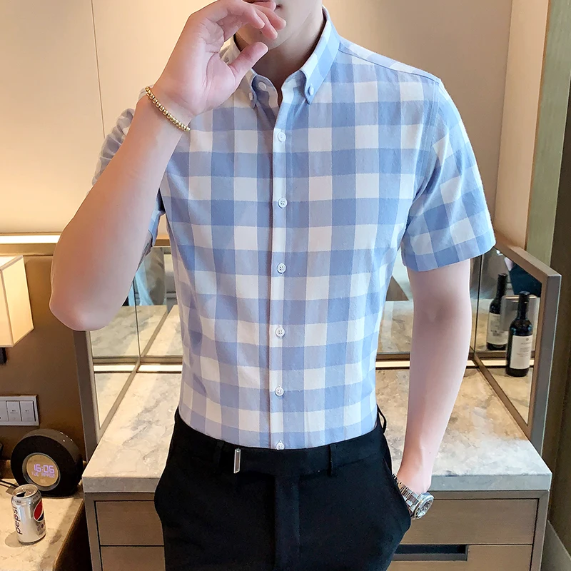 2023, Новая хлопковая рубашка в клетку, мужская, с коротким рукавом, летняя, тонкая, корейская версия модной повседневной рубашки tide Изображение 0
