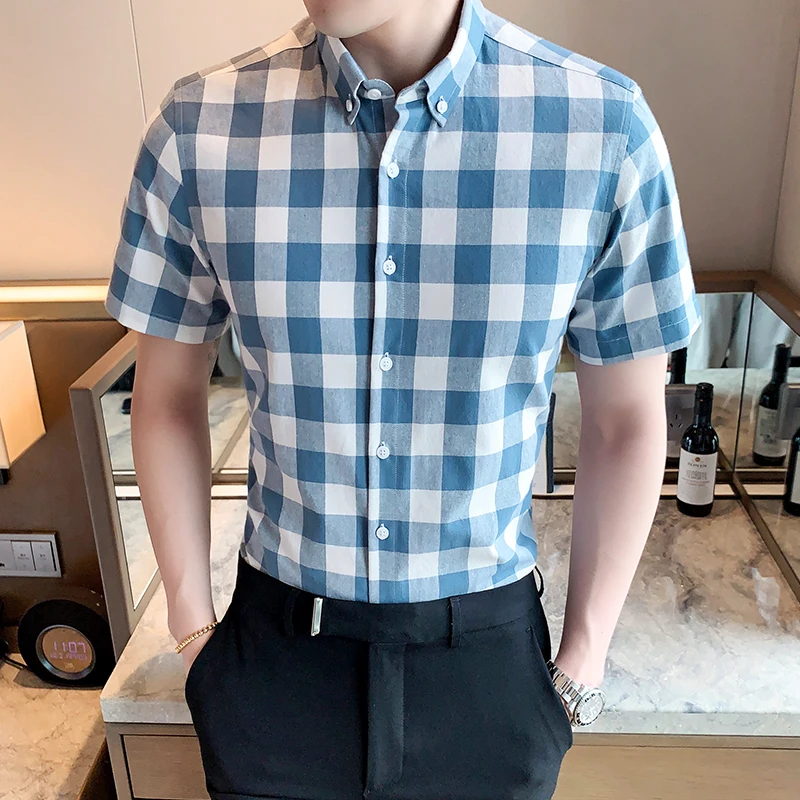 2023, Новая хлопковая рубашка в клетку, мужская, с коротким рукавом, летняя, тонкая, корейская версия модной повседневной рубашки tide Изображение 1