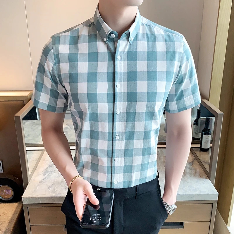 2023, Новая хлопковая рубашка в клетку, мужская, с коротким рукавом, летняя, тонкая, корейская версия модной повседневной рубашки tide Изображение 4