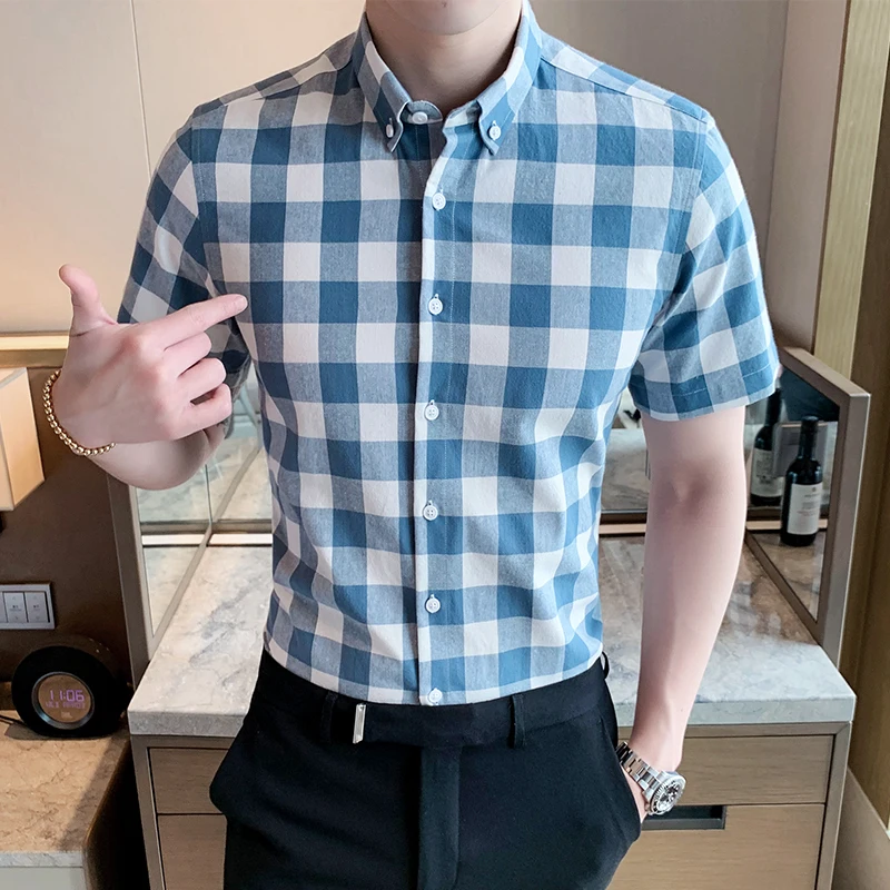 2023, Новая хлопковая рубашка в клетку, мужская, с коротким рукавом, летняя, тонкая, корейская версия модной повседневной рубашки tide Изображение 5