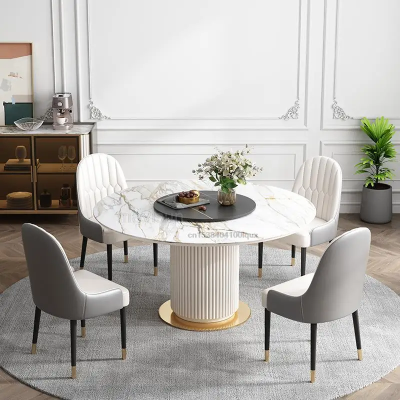 Глянцевый обеденный стол из каменной доски, Светлый Роскошный Белый Круглый Кухонный стол и стулья, комбинированная ресторанная мебель Изображение 0