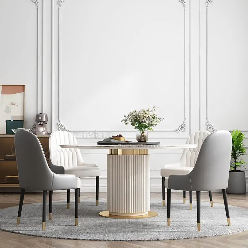 Глянцевый обеденный стол из каменной доски, Светлый Роскошный Белый Круглый Кухонный стол и стулья, комбинированная ресторанная мебель Изображение 2
