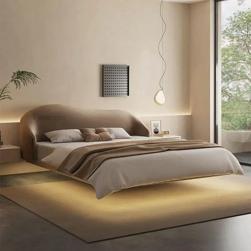 Современная мебель для спальни Подвесная кровать Мебель для дома из водонепроницаемой кожи Двуспальная кровать King Size со светодиодной подсветкой Queen Bed Изображение 1