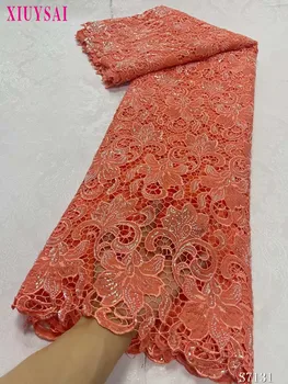 2023 Африканские ткани 3d Вышивка Французскими пайетками Для женских вечерних платьев 5 ярдов Водорастворимой Розовой Роскошной Хлопчатобумажной кружевной ткани