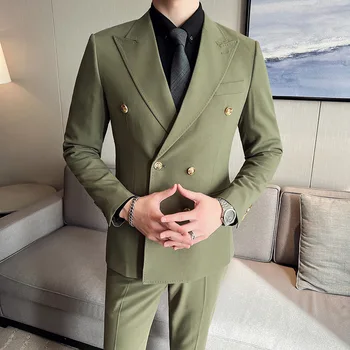 2023, Осенний новый мужской костюм (куртка + брюки + жилет) Деловой Модный мужской костюм для отдыха, комплект из трех предметов, двубортный