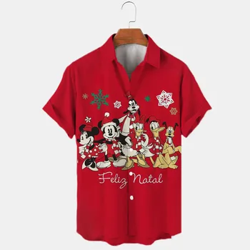 2023, Рождественская рубашка Disney с Минни и Микки, Новогодний топ с Кубинским воротником и коротким рукавом, Гавайская рубашка, Праздничная мужская рубашка Санта