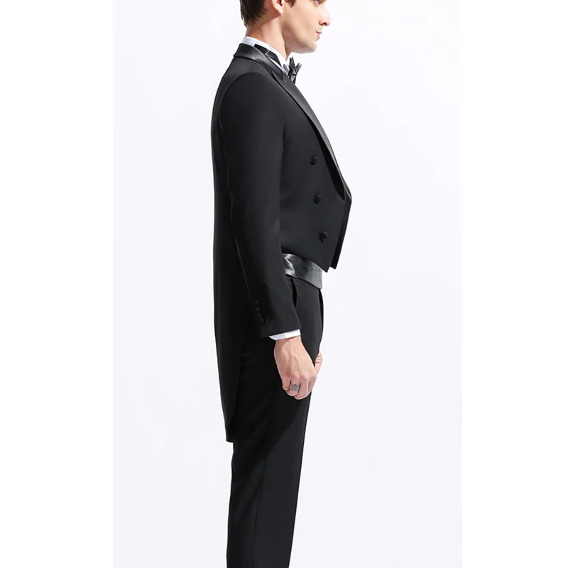 Черный свадебный мужской фрак, Двубортные мужские костюмы из 2 частей с остроконечным отворотом, пиджак и брюки на заказ 2023 Изображение 2