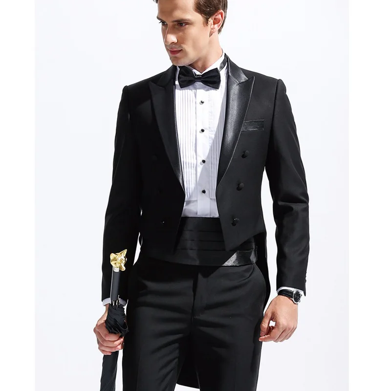 Черный свадебный мужской фрак, Двубортные мужские костюмы из 2 частей с остроконечным отворотом, пиджак и брюки на заказ 2023 Изображение 4