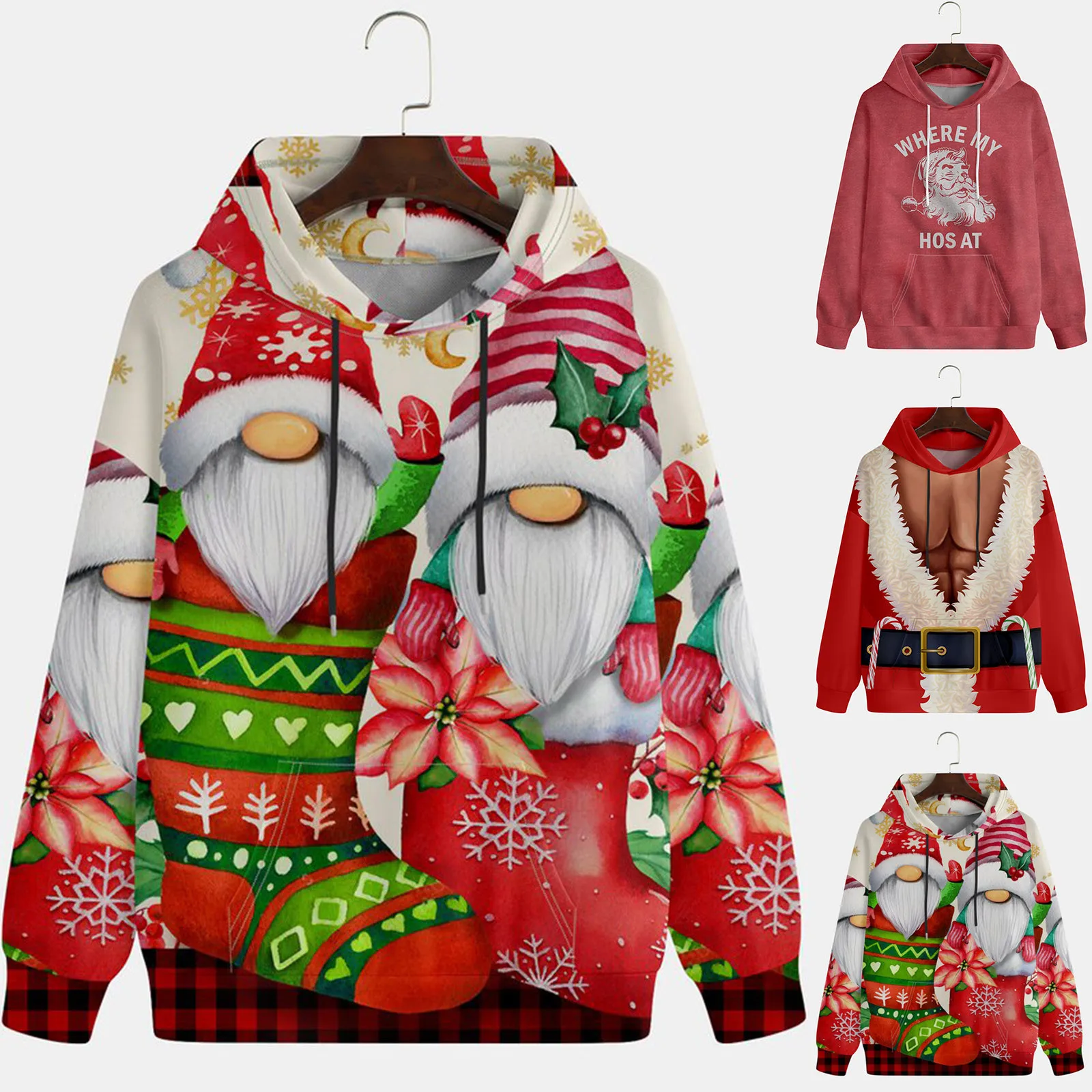 Рождественские свитшоты с капюшоном для мужчин, толстые удобные толстовки, пуловеры с длинными рукавами и принтом Санта-Клауса на шнурке, топы Изображение 4