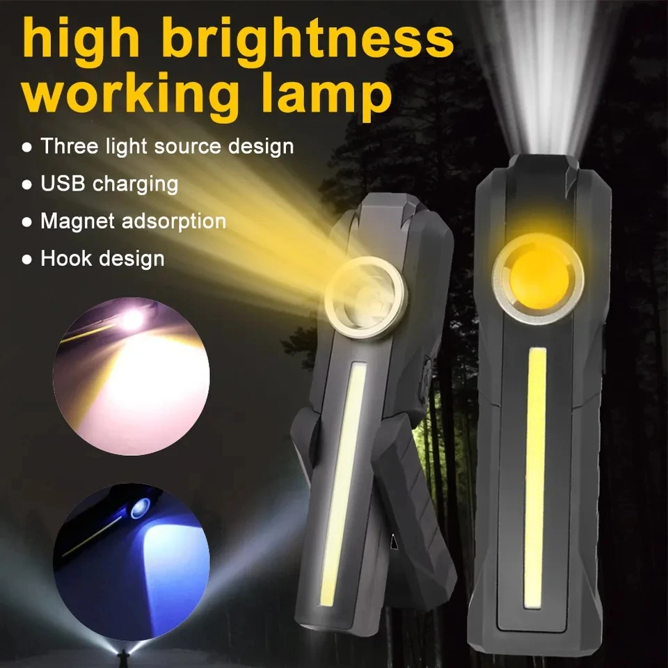Портативный перезаряжаемый светодиодный рабочий светильник COB XPE, белый, желтый, Магнитный Инспекционный фонарь, Деформируемая Водонепроницаемая Рабочая лампа Изображение 0
