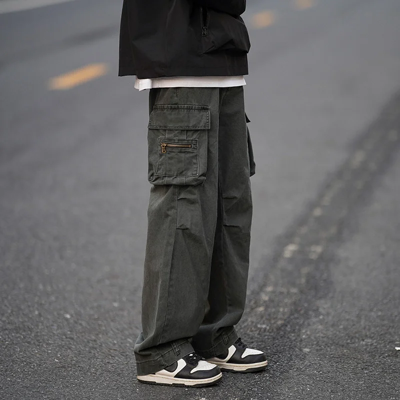 Мужские свободные прямые брюки-карго с высокой талией, многофункциональные повседневные брюки с несколькими карманами Изображение 0