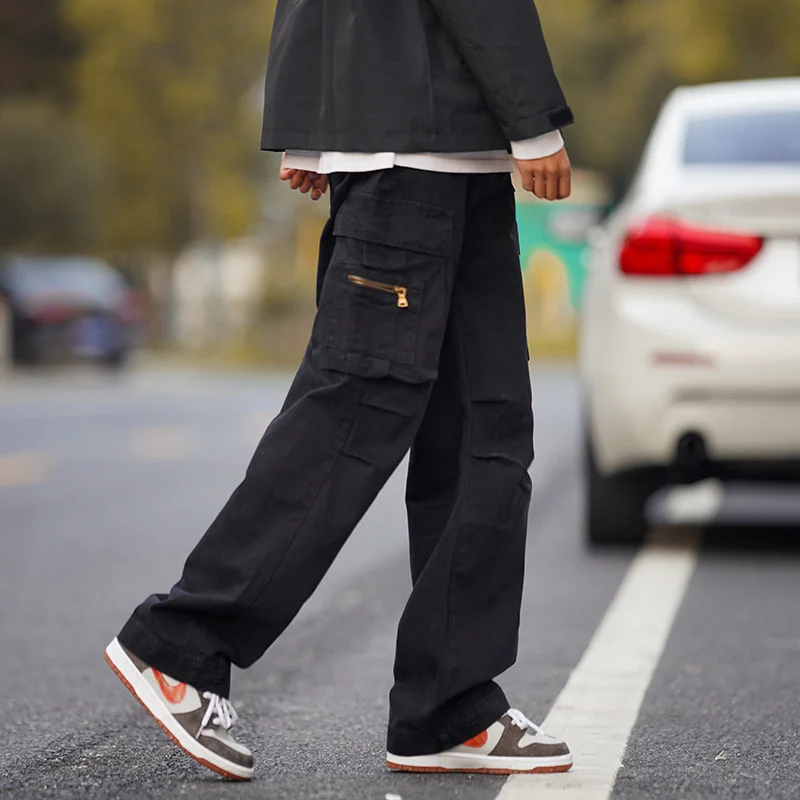 Мужские свободные прямые брюки-карго с высокой талией, многофункциональные повседневные брюки с несколькими карманами Изображение 2