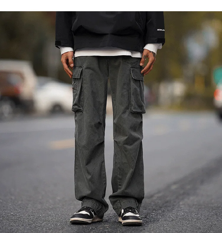 Мужские свободные прямые брюки-карго с высокой талией, многофункциональные повседневные брюки с несколькими карманами Изображение 4