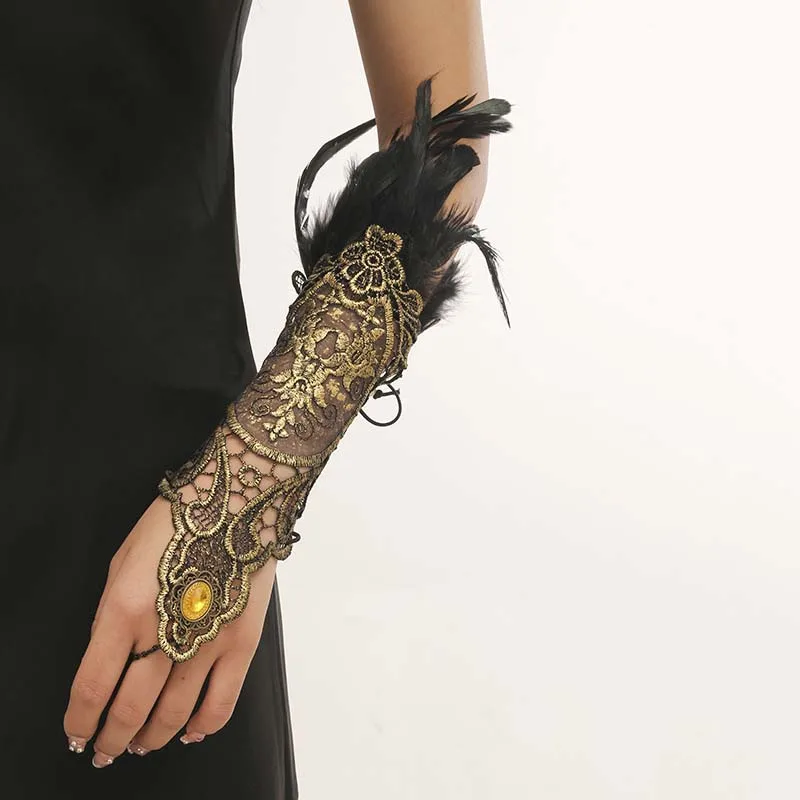 Винтажный браслет из кружевных перьев для женщин, желтая хрустальная цепочка на руку с кольцом, индивидуальные готические украшения, женские аксессуары Изображение 0