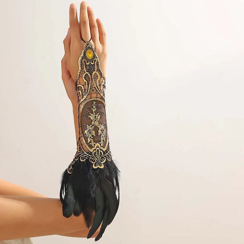 Винтажный браслет из кружевных перьев для женщин, желтая хрустальная цепочка на руку с кольцом, индивидуальные готические украшения, женские аксессуары Изображение 2