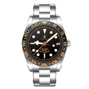 39 мм Corgeut Стерильная сталь NH34 Розово-черный циферблат Мужские часы Сапфировое стекло Керамический безель Автоматические наручные часы