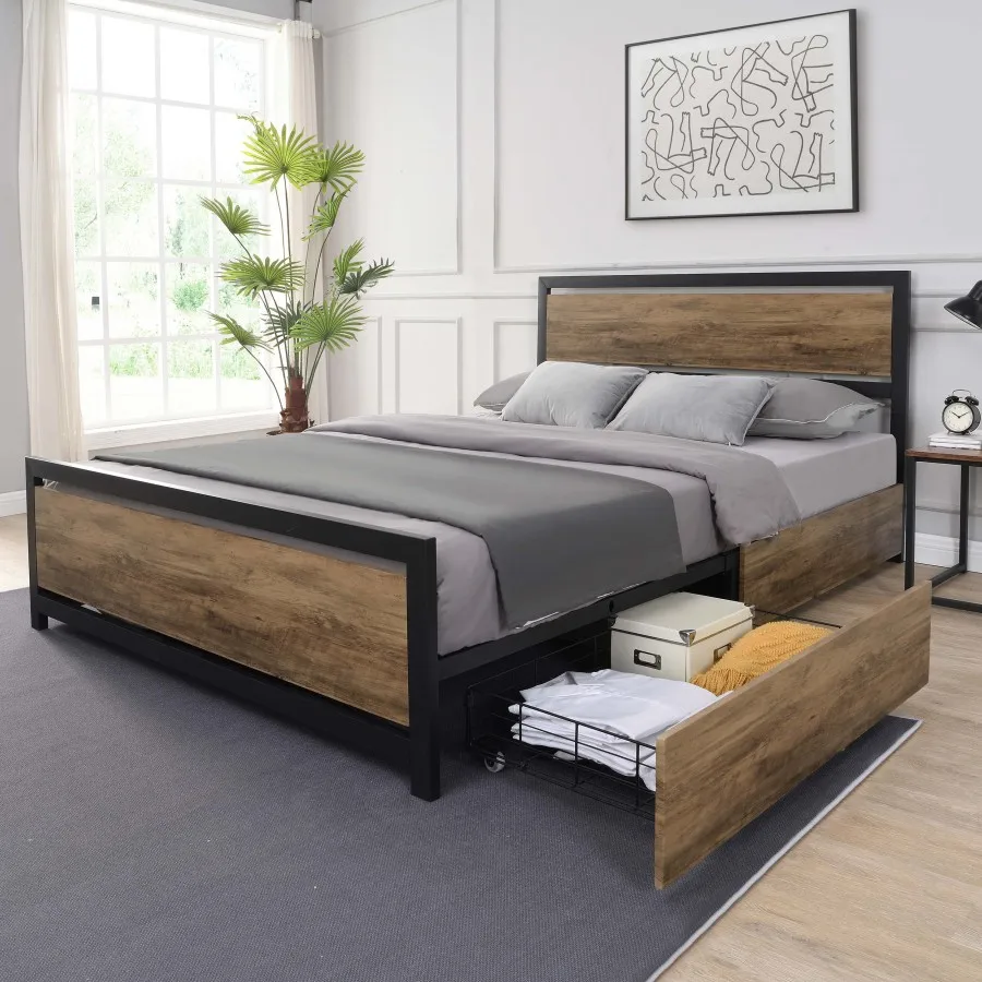 Промышленная платформа для кровати из дерева и металла с изголовьем, без пружин, полноразмерная, коричневая Изображение 0