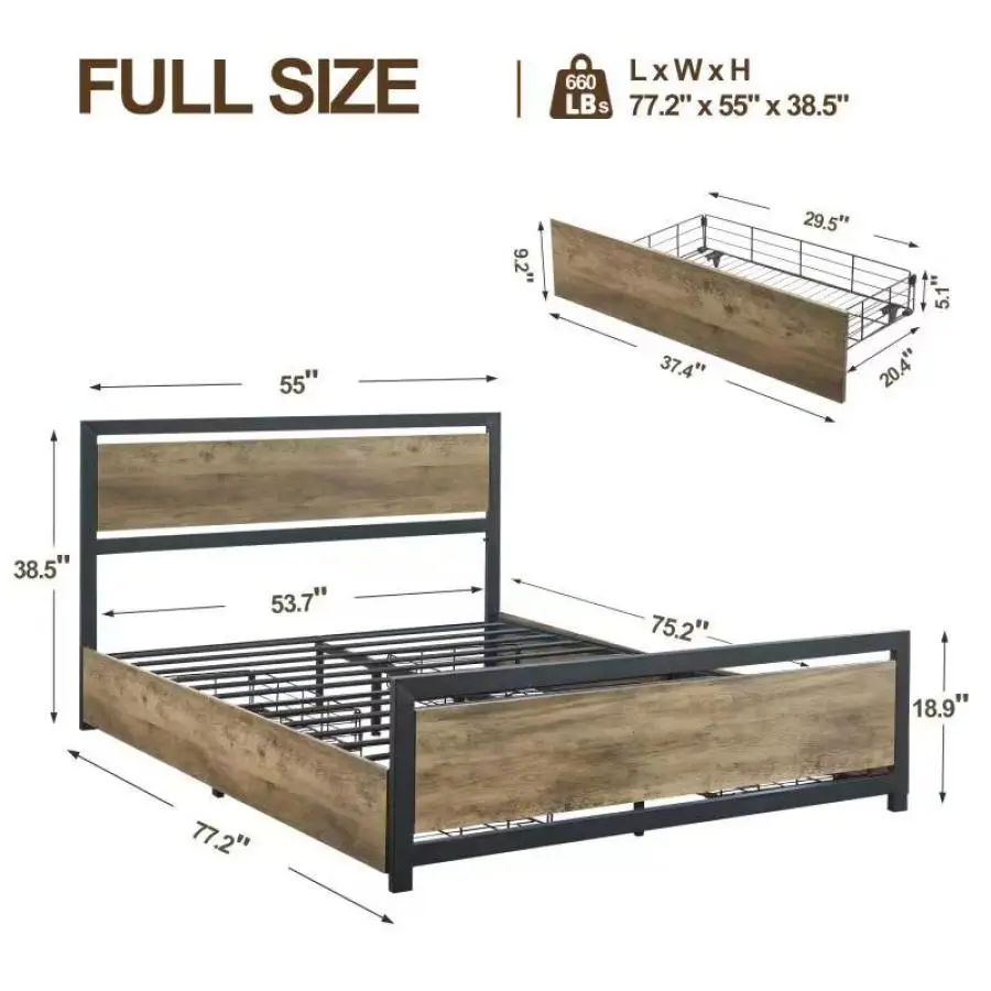 Промышленная платформа для кровати из дерева и металла с изголовьем, без пружин, полноразмерная, коричневая Изображение 2