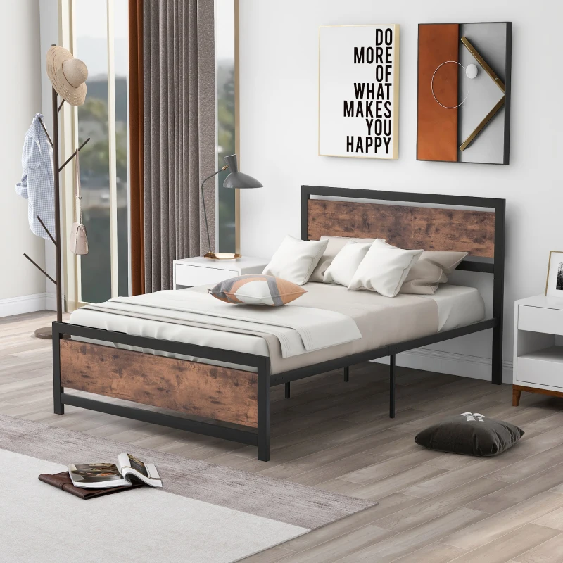 Промышленная платформа для кровати из дерева и металла с изголовьем, без пружин, полноразмерная, коричневая Изображение 3
