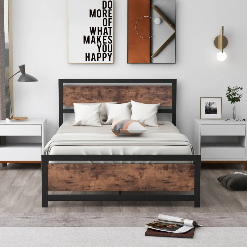 Промышленная платформа для кровати из дерева и металла с изголовьем, без пружин, полноразмерная, коричневая Изображение 4