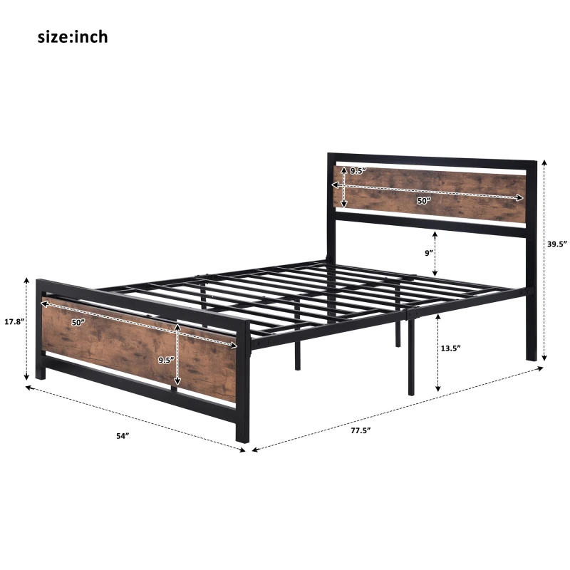 Промышленная платформа для кровати из дерева и металла с изголовьем, без пружин, полноразмерная, коричневая Изображение 5
