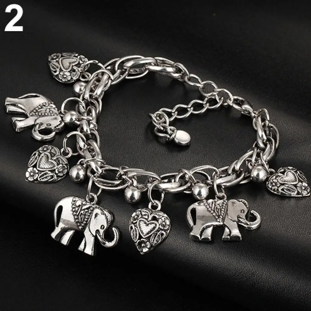 Уникальный женский винтажный браслет-браслет с резным сердечком и слоном, Блестящий браслет-подвеска Изображение 3