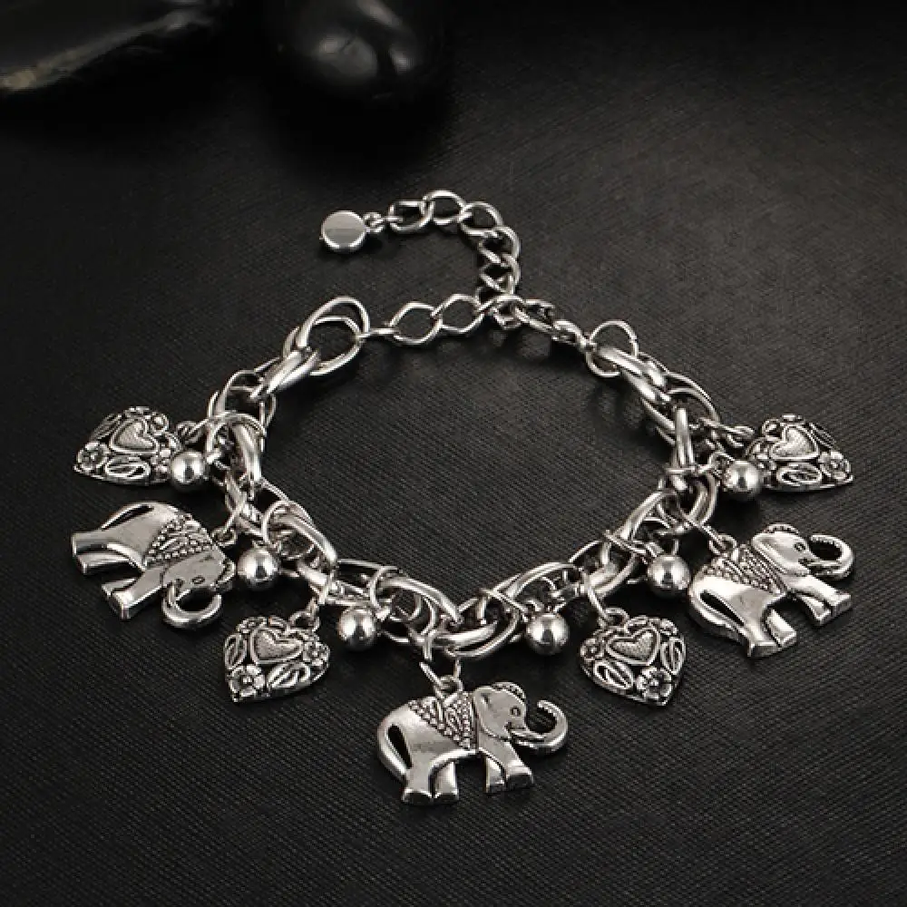 Уникальный женский винтажный браслет-браслет с резным сердечком и слоном, Блестящий браслет-подвеска Изображение 5