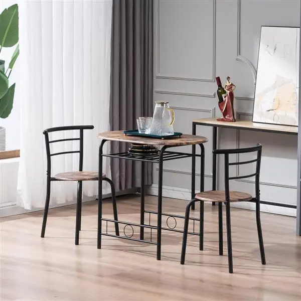 Обеденный стол элегантного дизайна, дрова из дров, окрашенный в черный цвет ПВХ, стол для завтрака для пар с изогнутой спинкой, один стол и два стула Изображение 1