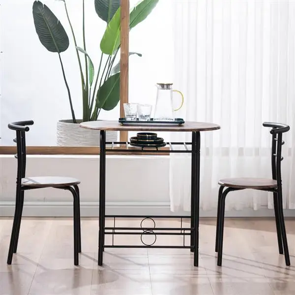 Обеденный стол элегантного дизайна, дрова из дров, окрашенный в черный цвет ПВХ, стол для завтрака для пар с изогнутой спинкой, один стол и два стула Изображение 3