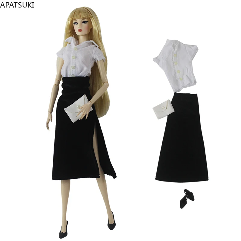 Черно-белый комплект модной одежды для куклы Барби, рубашка ручной работы, юбка с разрезом на высокой талии, Обувь, Сумочка, аксессуары для кукол 1/6 Изображение 0