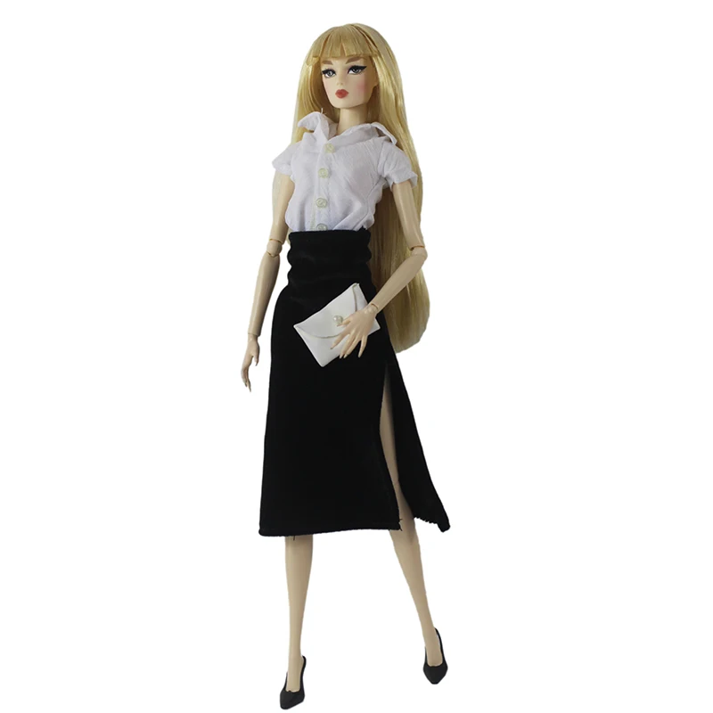 Черно-белый комплект модной одежды для куклы Барби, рубашка ручной работы, юбка с разрезом на высокой талии, Обувь, Сумочка, аксессуары для кукол 1/6 Изображение 1