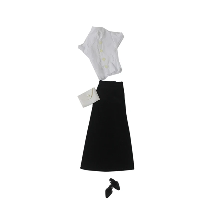 Черно-белый комплект модной одежды для куклы Барби, рубашка ручной работы, юбка с разрезом на высокой талии, Обувь, Сумочка, аксессуары для кукол 1/6 Изображение 2