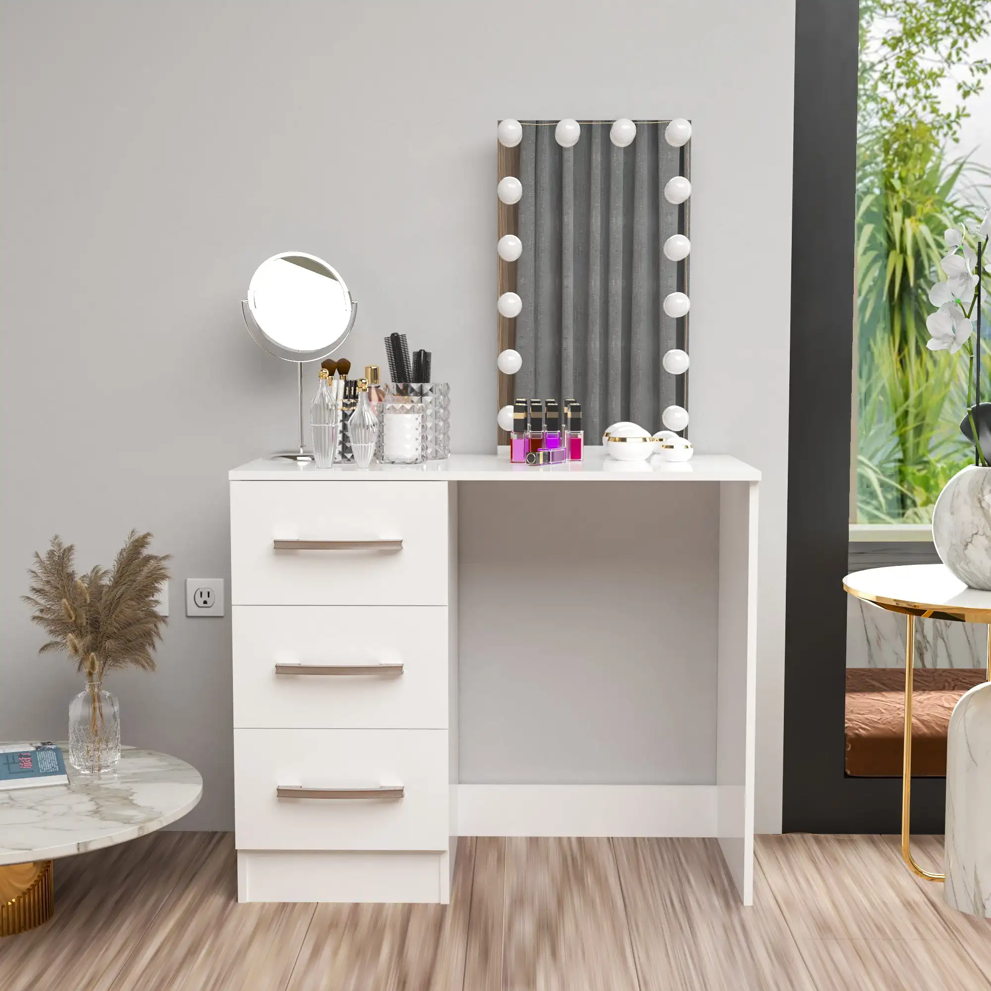 Современный туалетный столик Ember Interiors Ava, окрашенный в белый цвет, с подсветкой, для спальни Изображение 1
