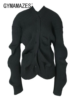 GYMAMAZES Осенний свитер для женщин с V образным вырезом и длинным рукавом, Однобортный Вязаный Тонкий Однотонный свитер Женская мода 2023