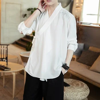 Большие размеры 5XL 4XL, рубашки-кимоно в традиционном китайском стиле, мужские осенние блузки с длинным рукавом, модная Японская уличная рубашка, повседневная