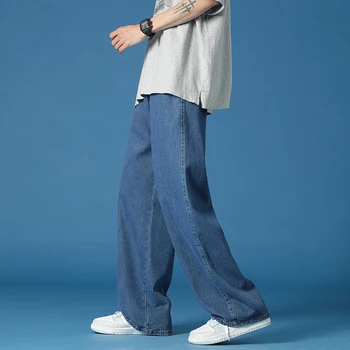 Брендовые мужские свободные синие джинсы, Корейская уличная мода, мешковатые повседневные Прямые Широкие брюки, нейтральные черные джинсы для студентов колледжа