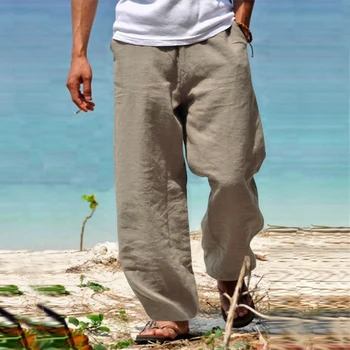 Винтажные мужские однотонные хлопчатобумажные льняные Длинные брюки 2023 Весна Лето Повседневные прямые брюки Мужские пляжные брюки на шнурке для отдыха