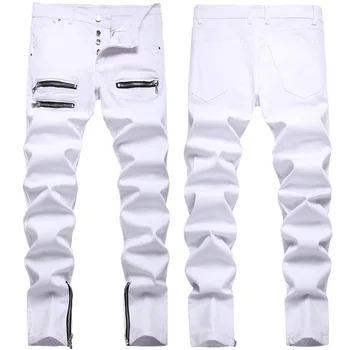 Высококачественная корейская уличная одежда в стиле харадзюку, модные мужские джинсы в обтяжку из белого денима люксового бренда на молнии, дизайнерские мужские джинсы