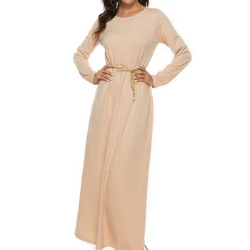 Горячая распродажа 2023 года, Исламская Женская Мусульманская Абая, базовый стиль, однотонное платье трапециевидной формы с длинным рукавом и поясом, повседневное, Оптовая продажа