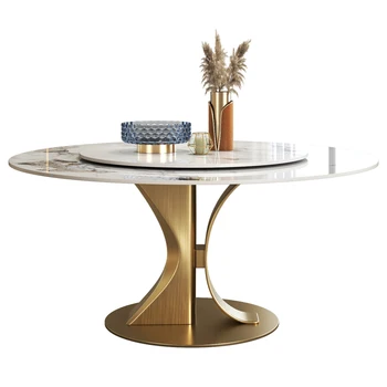 Дизайнерский обеденный стол с поворотным столом, Креативный Роскошный Золотой каркас из нержавеющей стали, Набор для домашнего мраморного круглого кухонного стола Pandora