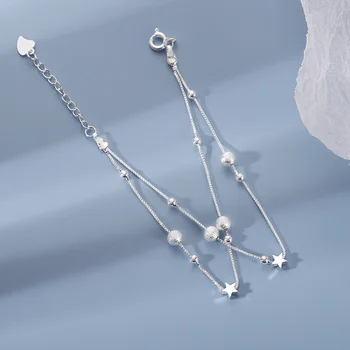 Женский браслет из серебра 925 пробы с двойными цепочками, аксессуары для рук, классический Браслет из матовых бусин в виде звездочек для женских украшений