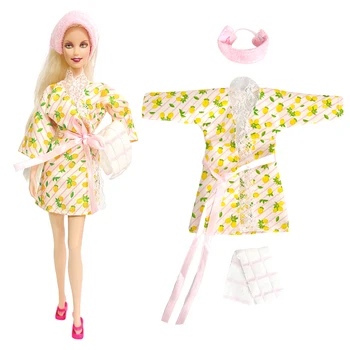 Комплект халата для официальной куклы NK 1/6: модный халат с лимонным рисунком + лента для волос + банное полотенце для кукольного домика Барби