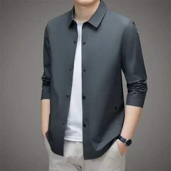 Корейская мужская рубашка с длинным рукавом, Весенняя новинка, мужская тонкая однотонная куртка-поло с воротником, пальто, Деловой повседневный топ, Красивый и Универсальный