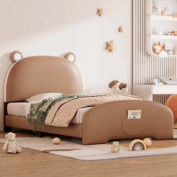 Коричневая двухразмерная мягкая кровать на платформе с изголовьем и изножьем в форме медведя, для мебели для спальни в помещении