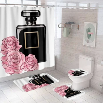 Косметика, духи и цветочные 3d занавески для душа, комплект из 4 шт. с крючками, набивной декор, Водонепроницаемая занавеска для ванной, крышка унитаза