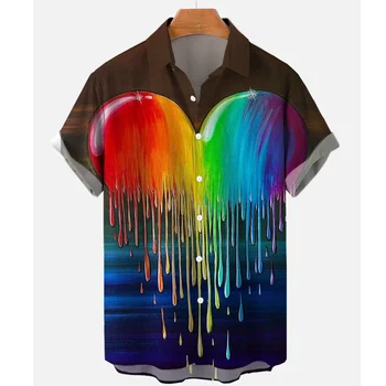 Красочная клетчатая рубашка Мужская 3D креативная контрастная рубашка в гавайском стиле с коротким рукавом и пуговицами Пляжная повседневная мужская рубашка