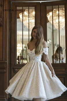 Кружевная аппликация с открытыми плечами, vestido de noiva, натуральная талия, короткие свадебные платья с блестками, сшитые на заказ.